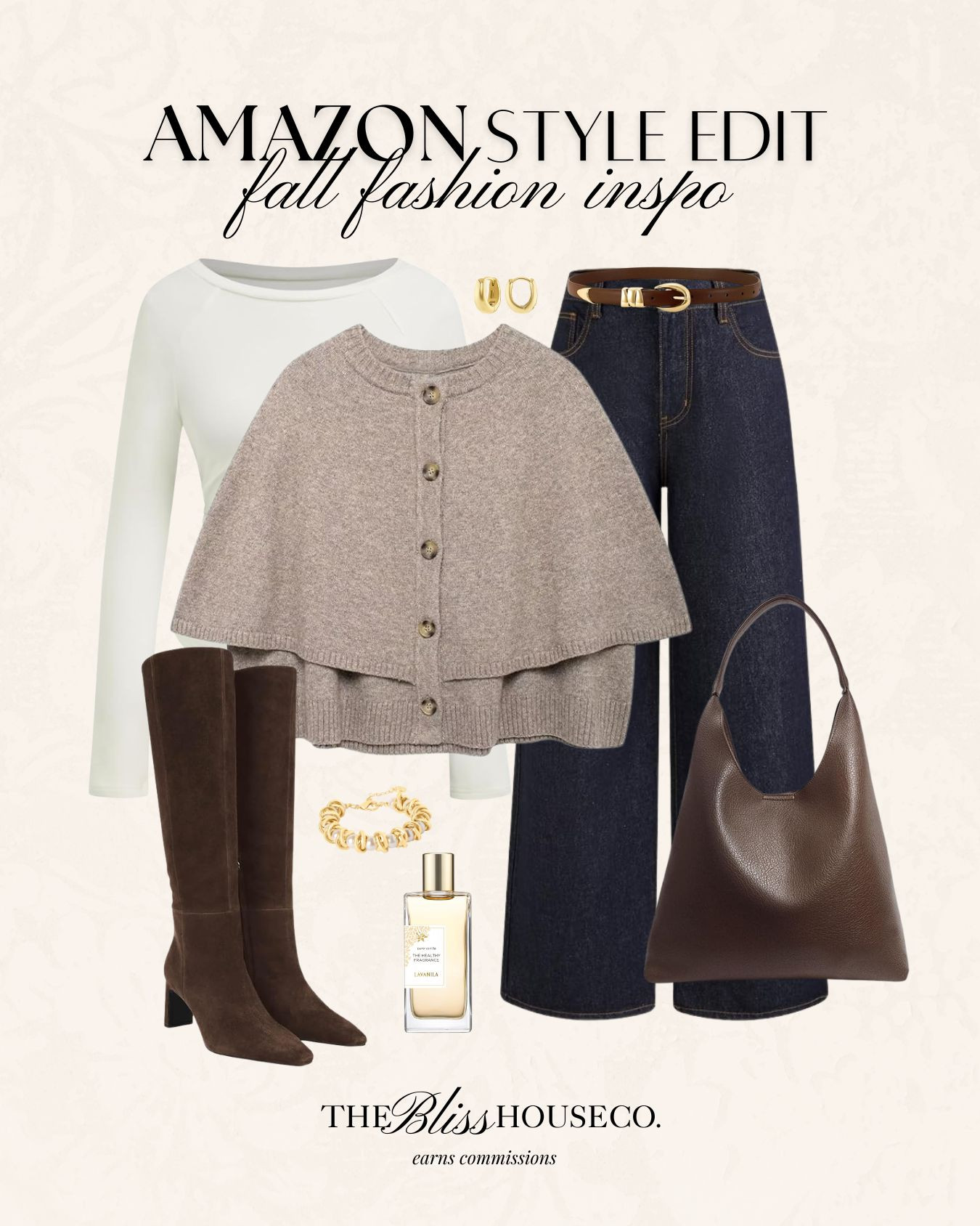 Affordable fall outfit inspo! Cape cardigan, fall essentials, cozy knits, denim jeans, knee-high boots, equestrian style, classic style, chocolate brown, fall outfit, fall style, trending Amazon fall fashion. 🍂 

 #LTKSeasonal #LTKFindsUnder50 #LTKStyleTip