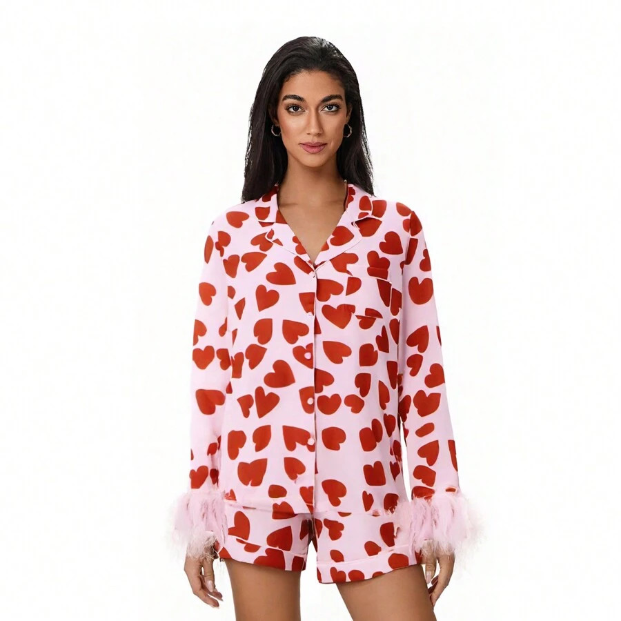 Womens Silk Satin Pajamas Solid/Bow/Heart Print Loungewear Feather Trim Two-Piece Sleepwear Lapel... | SHEIN
