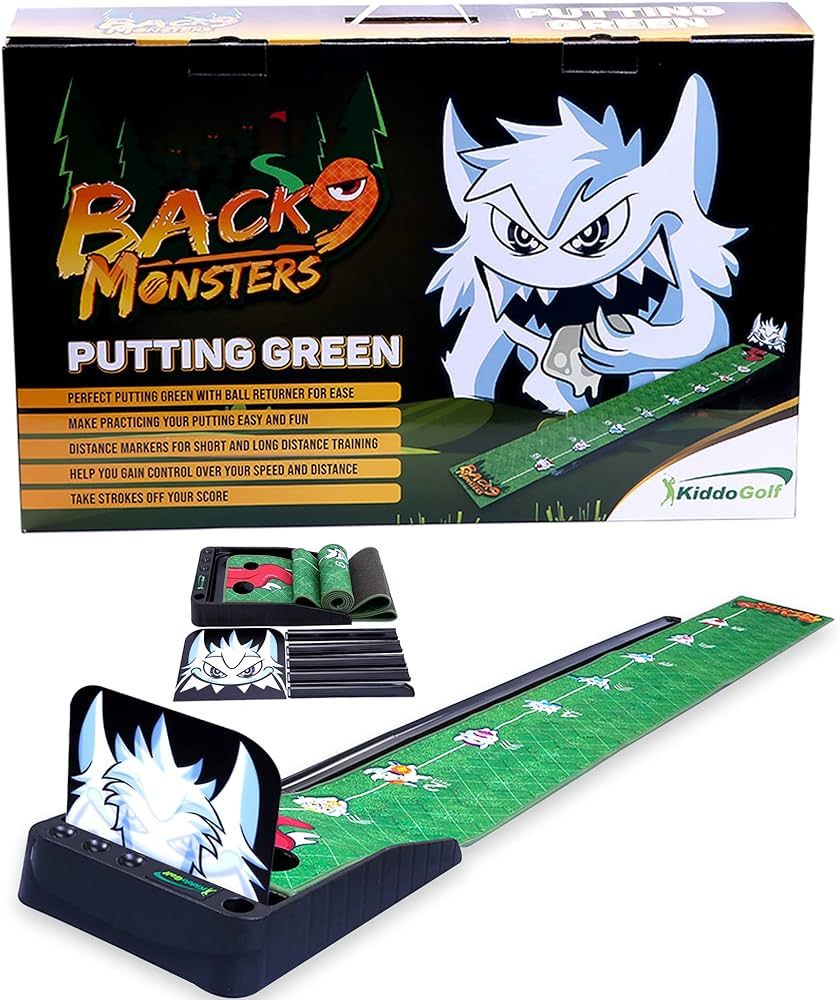 Back9 Monsters Golf Putting Green Mat for Kids Indoor & Outdoor Practice Use - Automatic Ball Return, Distance Markers, 2 Holes for Fun Mini Golf Course Putting Trainer. Great Gift Idea | Amazon (US)