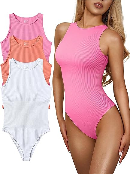 OQQ Women's 3 Piece Bodysuits Sexy Ribbed One Piece Sleeveless Halter Neck Bodysuits | Amazon (US)
