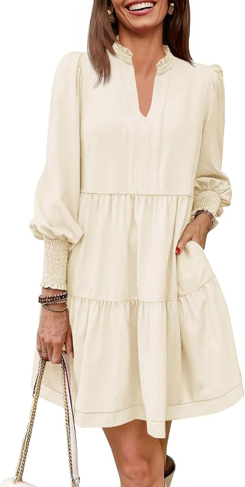 Imily Bela Womens Fall Long Sleeve Tunic Dress Casual V Neck Loose Ruffle Tiered Dress | Amazon (US)