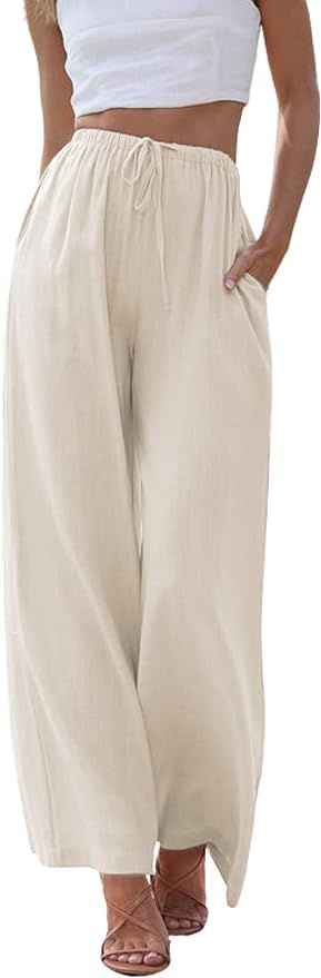 Hooever Women's Wide Leg Cotton Linen Pants High Waist Adjustable Tie Knot Lounge Trousers | Amazon (US)