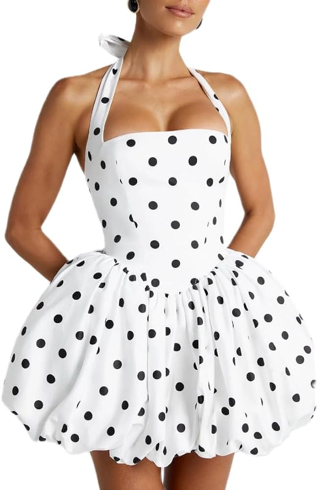 Women Sleeveless Halter Dress Summer Casual Tie up Backless Corset Bubble Party Dress for Beach C... | Amazon (US)