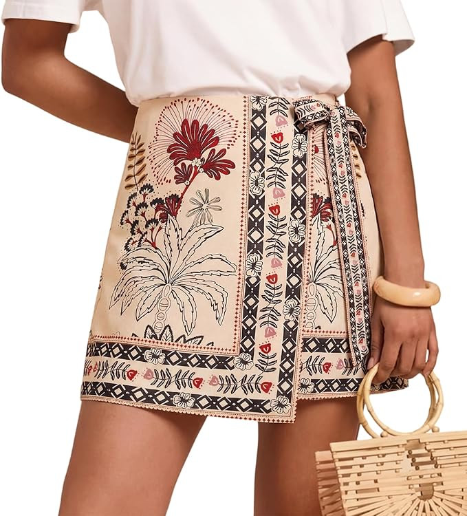 Womens Wrap Mini Skirt Boho Floral Printed Knot Side High Waist A Line Casual Summer Beach Short ... | Amazon (US)