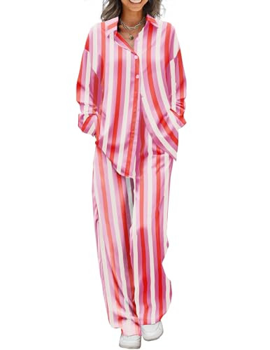 Ekouaer Womens 2 Piece Silk Satin Pajama Set Long Sleeve Lounge Sets Button Down Shirts and Pants PJs Soft Sleepwear Sets Pink Yellow Stripes S | Amazon (US)
