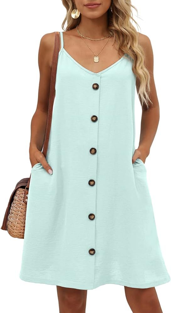OFEEFAN Women's Sundress with Pockets Button Down Spaghetti Strap Dresses | Amazon (US)