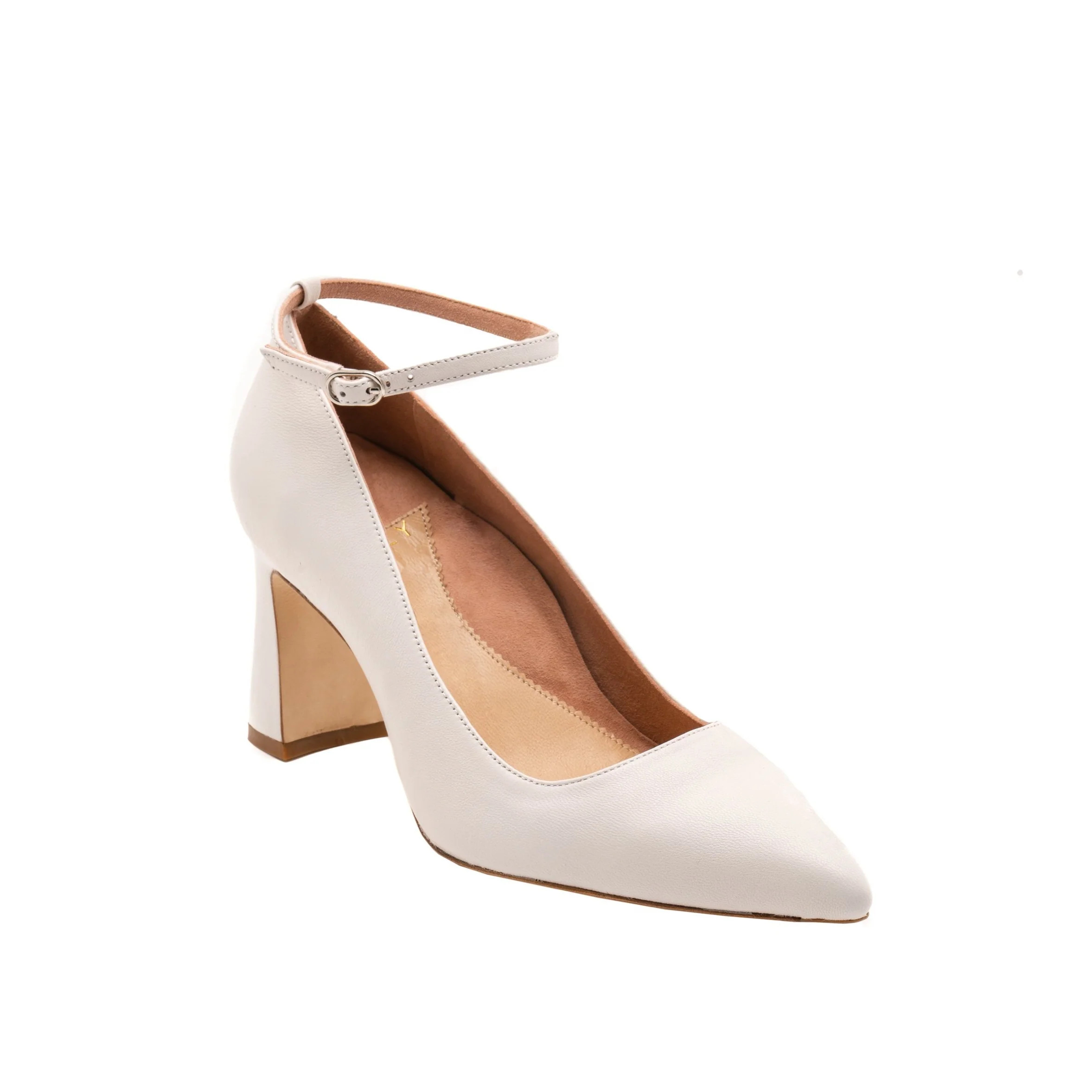 Classic White Leather Block Heel Pump (White Leather Ankle Strap) | ALLY Shoes