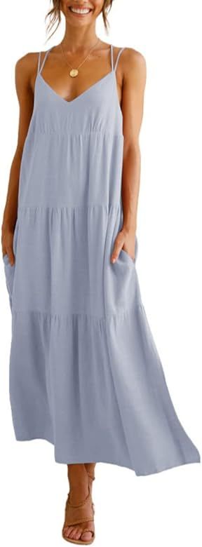 Amazon.com: Febriajuce Women’s Summer Maxi Dress Casaul Spaghetti Straps Solid V-Neck Backless ... | Amazon (US)