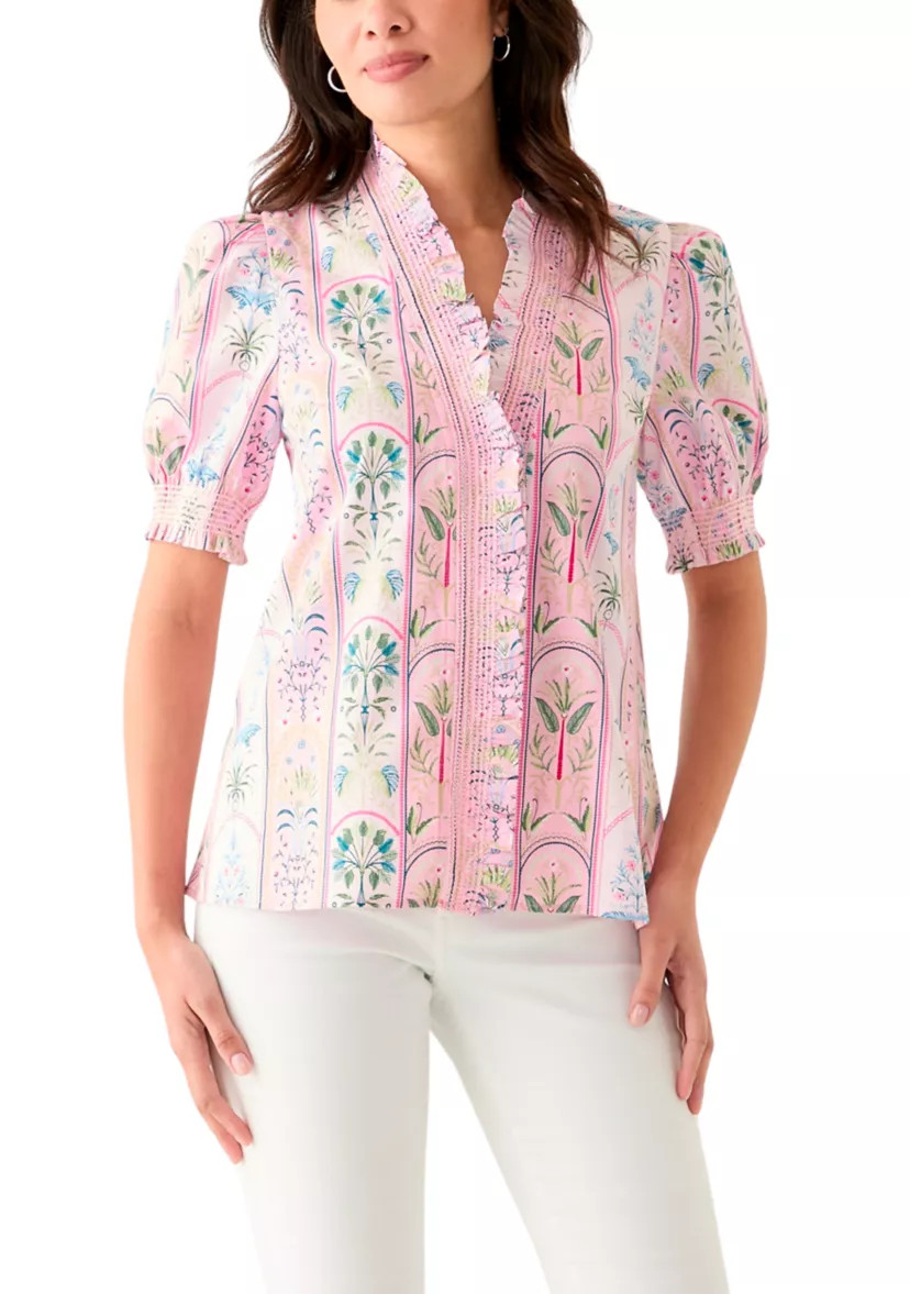 Women's Smock Neck Ruffle Printed Blouse | Belk