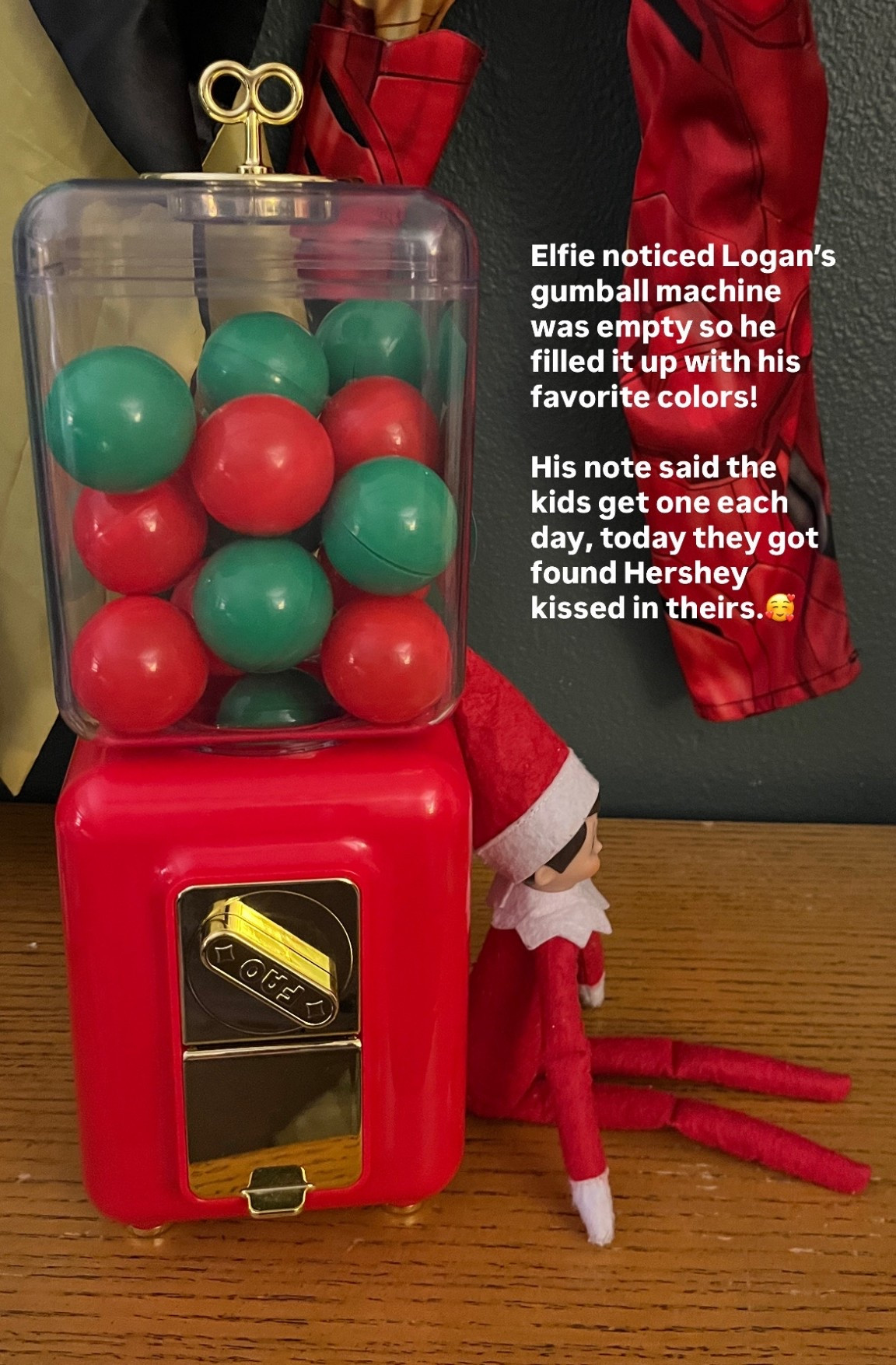 Our Elf on the Shelf refilled the gumball machine with red and green balls! Hershey kisses inside each. My kids play with this vending machine all the time and usually fill the balls with little toys/trinkets  

#LTKHoliday #LTKKids #LTKmomlife