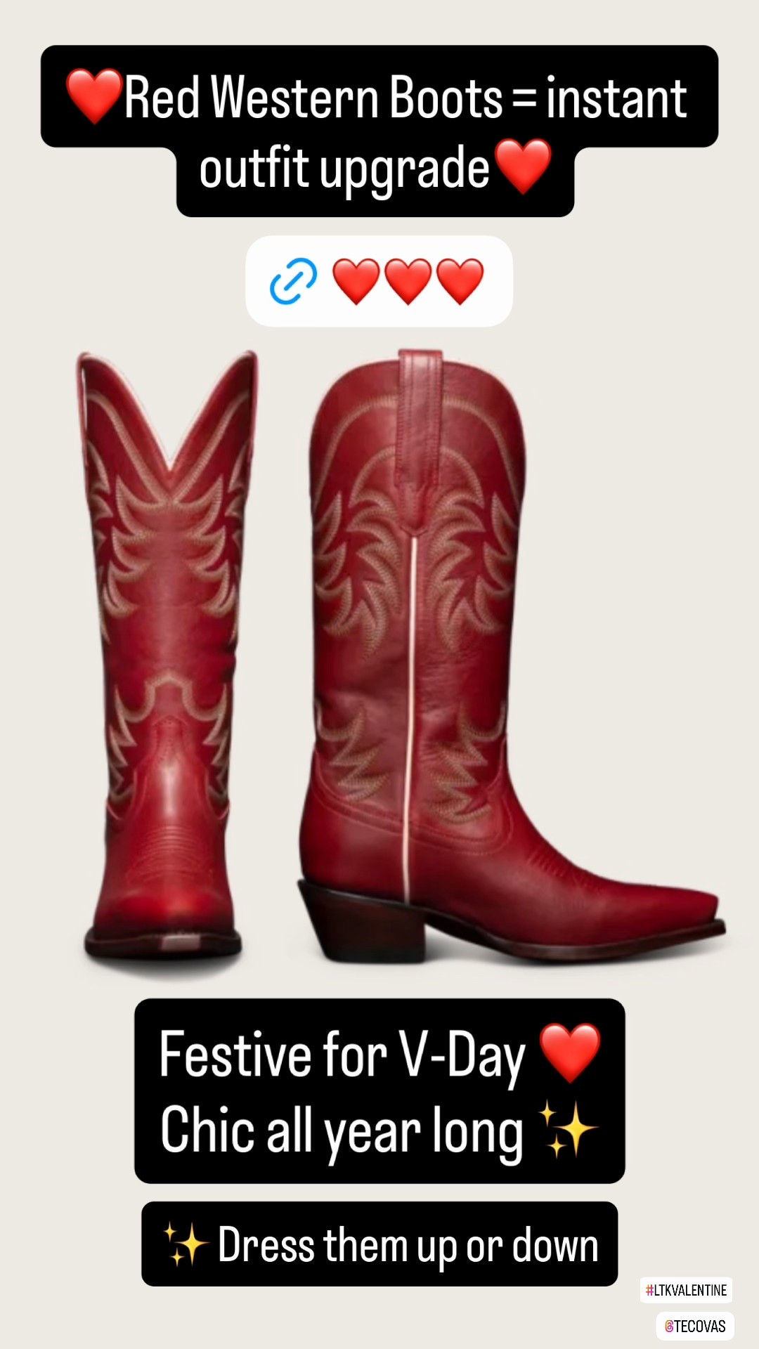Cowboy Boots 

These red western boots are it — bold, chic, and such a fun Valentine’s Day statement. Love them with denim, a little black dress, or even a feminine midi to balance the edge. Festive now, wearable all year. Linking these while they’re still in stock ❤️👢

red western boots
valentine boots
cowboy boots
Tecovas
statement boots
western chic style
cowgirl boots
dressy western boots
bold footwear
valentine outfit ideas
boots for spring
country concerts 
red boots 
gift for her 
Valentines gift 

#ValentinesStyle
#WesternChic
#StatementBoots
#CowgirlStyle
#LTKfashion
#BootsOfTheDay
#ChicWestern
#VDayOutfits
#StyleFinds
#LTKShoeCrush 




#LTKWorkwear #LTKBeauty #LTKValentine