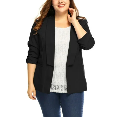 Unique Bargains Women's Plus 3/4 Sleeves Blazer 4X Black | Walmart (US)
