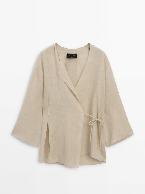 100% linen flowing crossover kimono with vent details | Massimo Dutti US