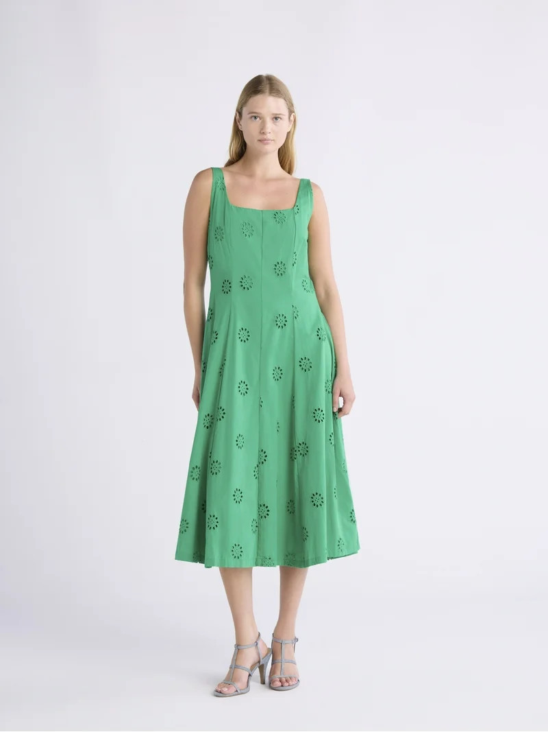 Free Assembly Women's Sleeveless Cotton Eyelet Panel Midi Dress, Sizes XS-XXL | Walmart (US)