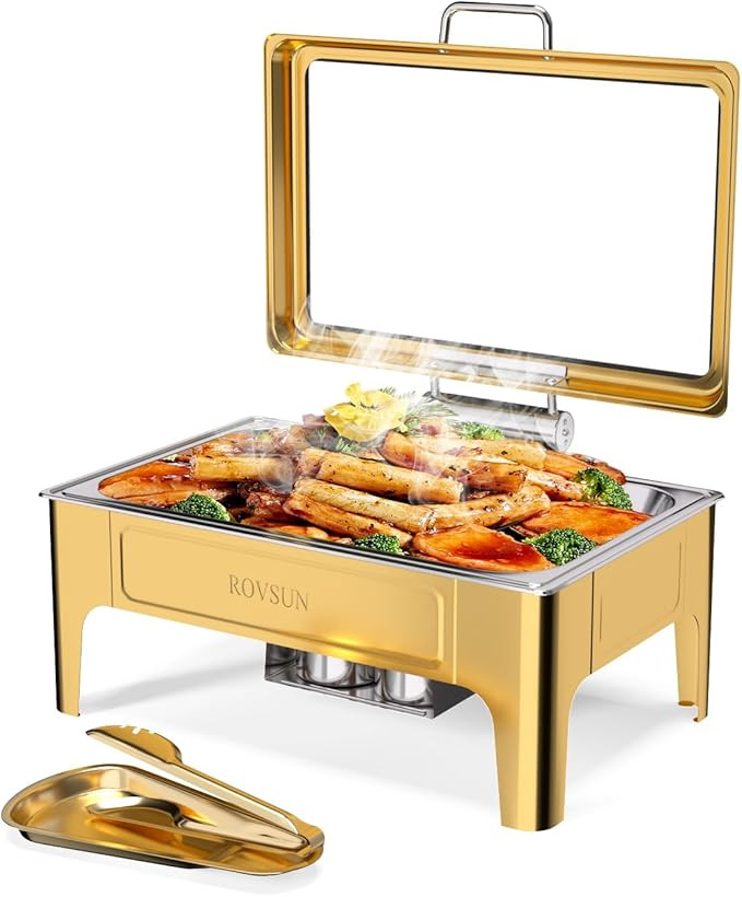 ROVSUN 9QT Gold Chafing Dishes for Buffet, Roll Top Chafing Dish Buffet Set, Rectangular Chafers ... | Amazon (US)