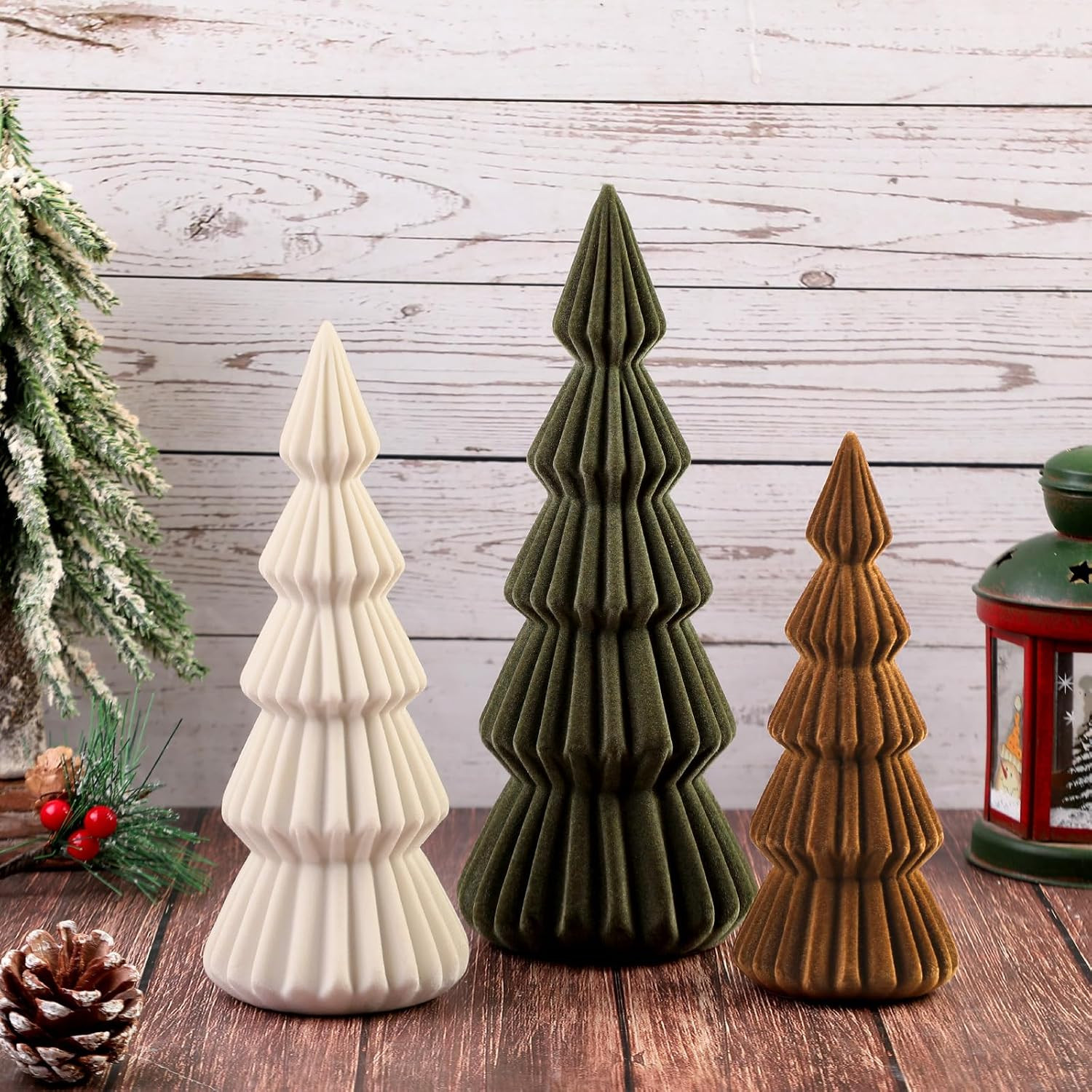 Set of 3 Velvet Ceramic Christmas Tree Decor, Green,Beige,Brown | Amazon (US)