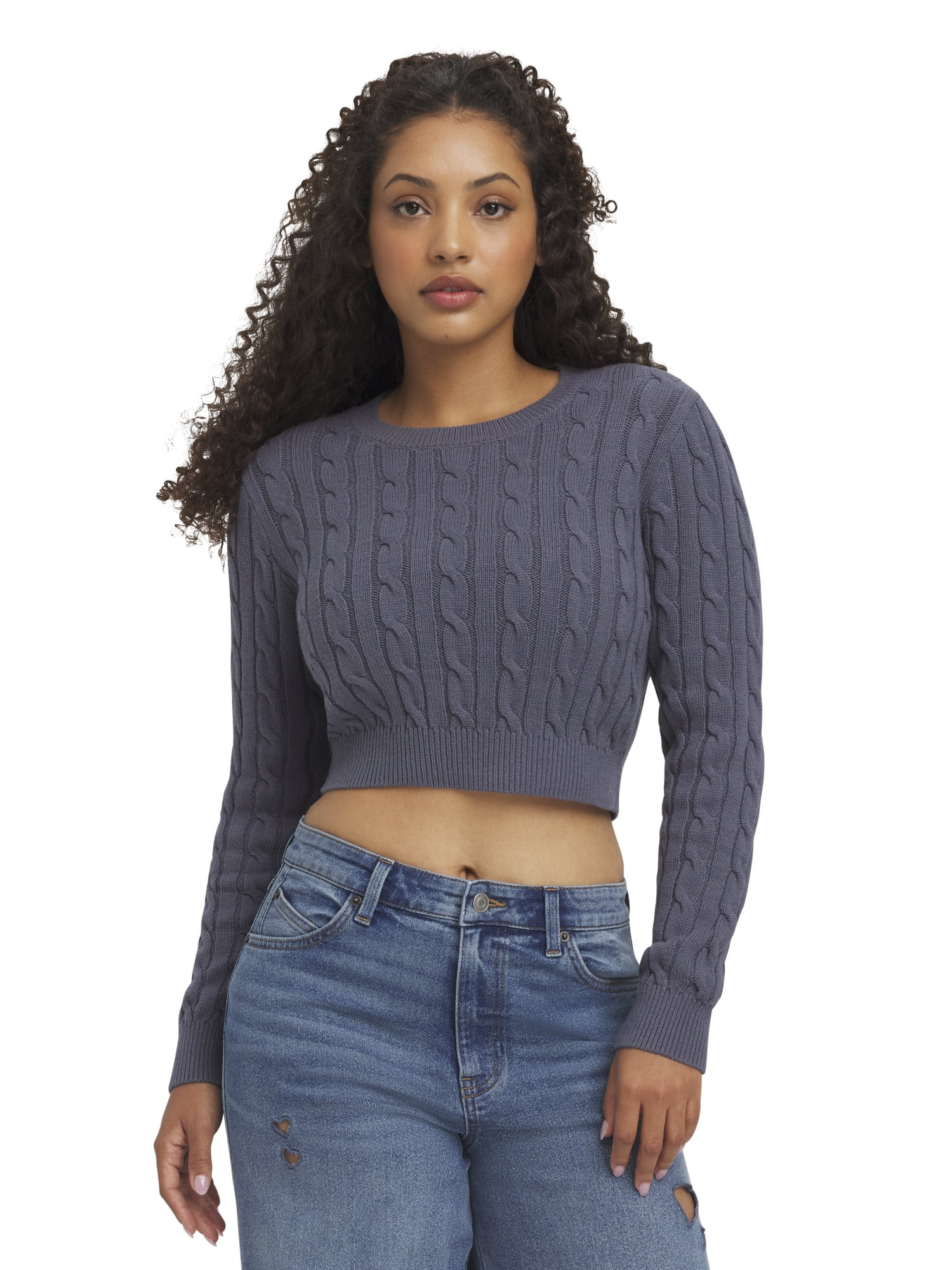 Mills by Millie Bobby Brown Women's Long Sleeve Crop Cable Sweater, Sizes XXS-XXL | Walmart (US)