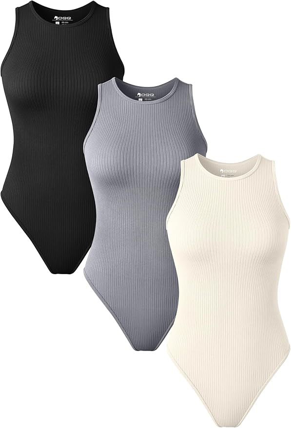 OQQ Women's 3 Piece Bodysuits Sexy Sleeveless Crew Neck Stretch Tank Tops Bodysuits | Amazon (US)