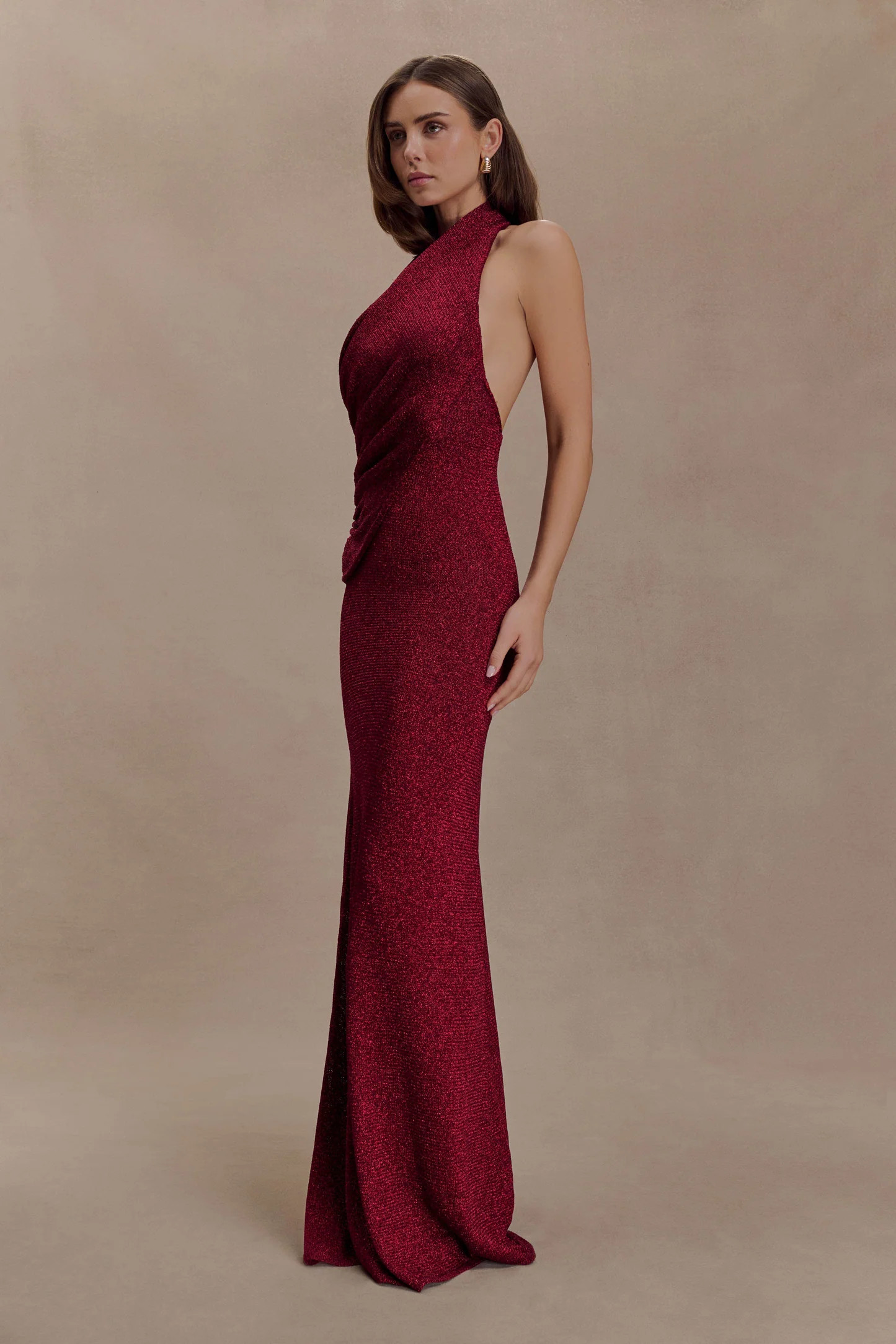 Elma Lurex Knit Halter Maxi Dress - Deep Red | MESHKI US