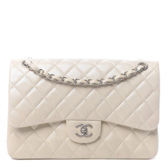 Pearly Caviar Quilted Jumbo Double Flap Dark White | Fashionphile