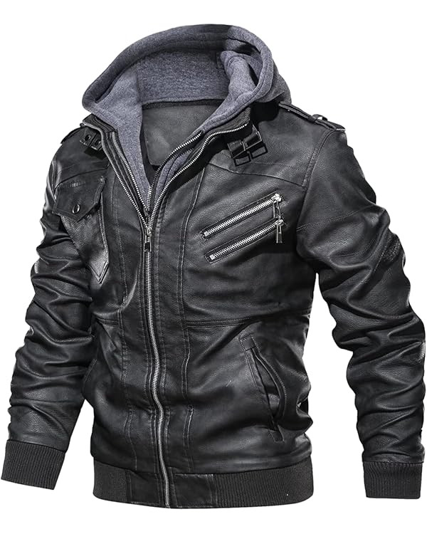CARWORNIC Men's Faux Leather Jacket Casual Brown Motorcycle Jacket with Removable Hood | Amazon (US)