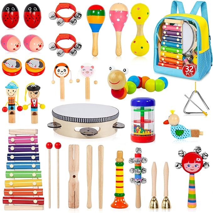 Gouezcc Toddler Musical Instruments Set, 32 PCS 19 Kinds Wooden Percussion Instruments Toys for K... | Amazon (US)
