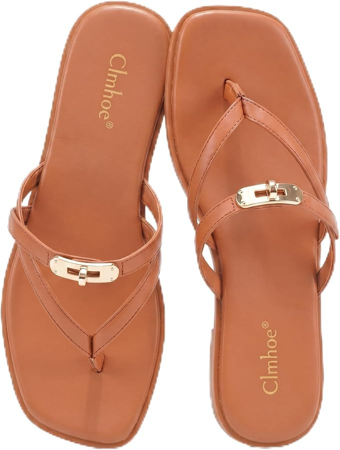 Metal Buckle Thong Flat Sandals for Women Ankle Strappy Square Toe Flip Flop Slides Summer Beach ... | Amazon (US)