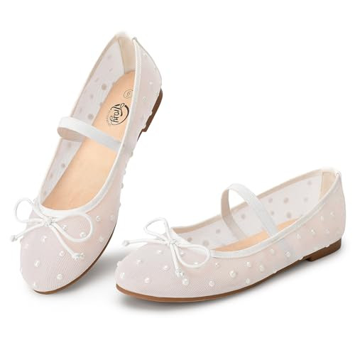 Trary Mesh White Flats for Women Round Toe Ballet Flats with Pearls Mary Jane Shoes Women with Bowknot and Elastic Strap, Comfortable Dress Shoes for Wedding Party Casual Wear, Size 10 | Amazon (US)