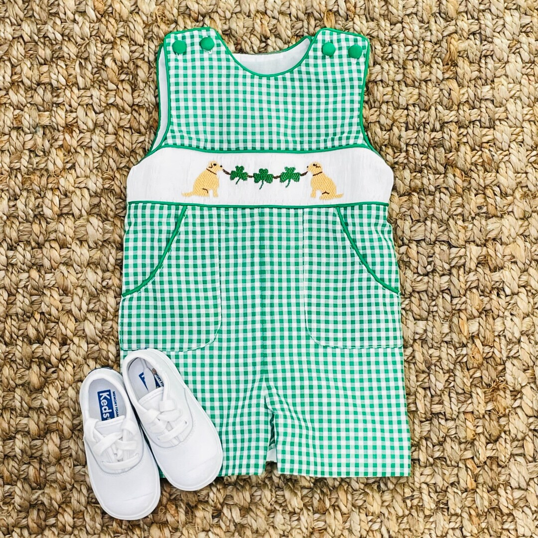 Shamrock Smocked Shortall With Puppies in Green Gingham St. Patrick's Day Jon Jon, Pockets, Vinta... | Etsy (US)