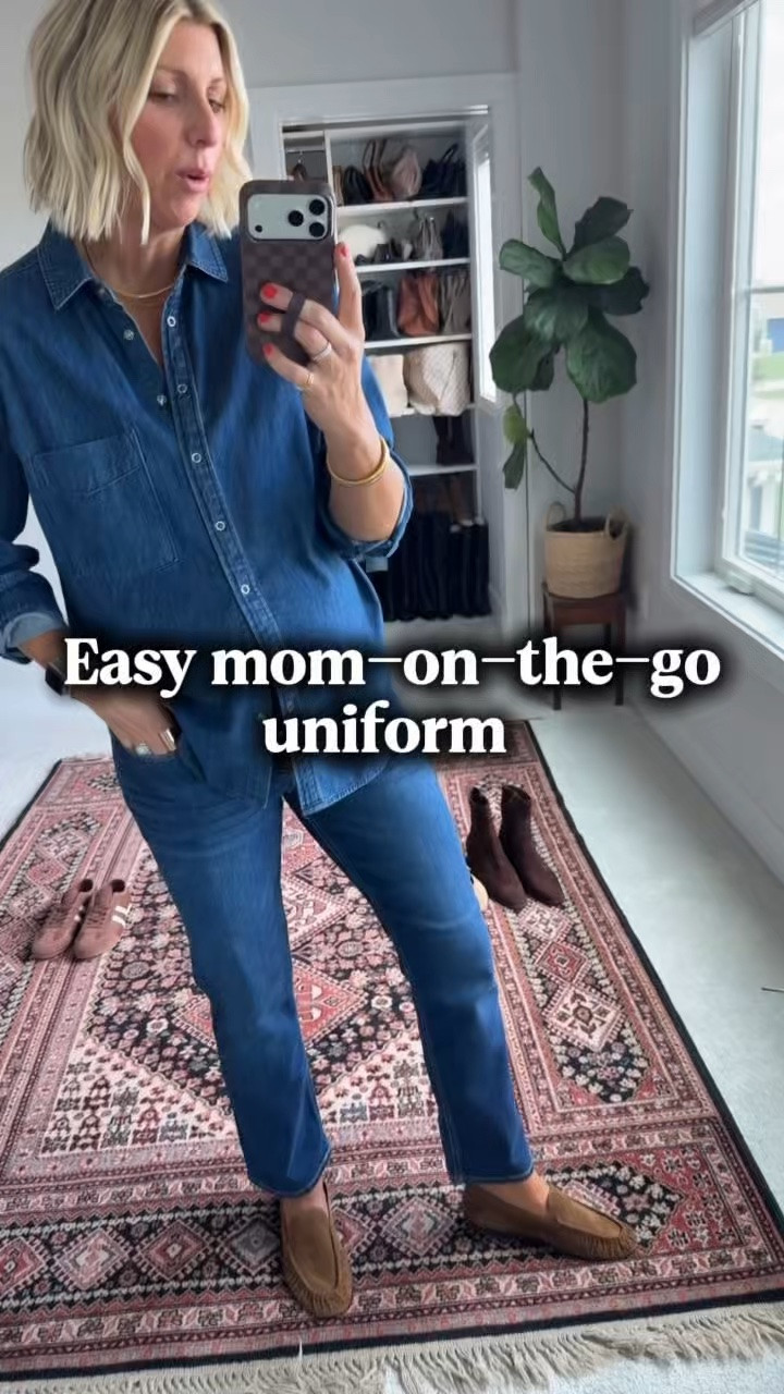 Easy + elevated school drop off uniform with a classic pair of dark washed, straight leg jeans, a denim shirt, and suede loafers ￼

#LTKOver40 #LTKgrwm #LTKSaleAlert