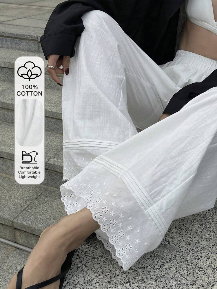 DAZY Solid Color Loose Lace Patchwork Elastic Waist Wide Leg Pants, Casual Summer Women Trousers | SHEIN