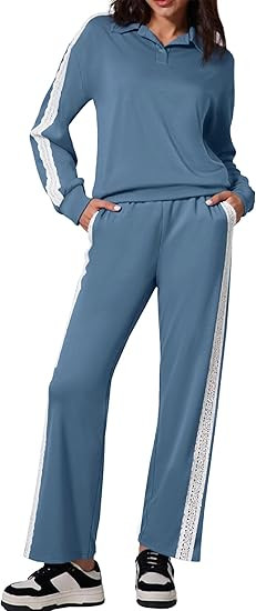 Glamaker Womens Sweatsuits 2 Piece Set Fall Sweatshirt Polo Top Track Suit Lace Wide Leg Lounge T... | Amazon (US)