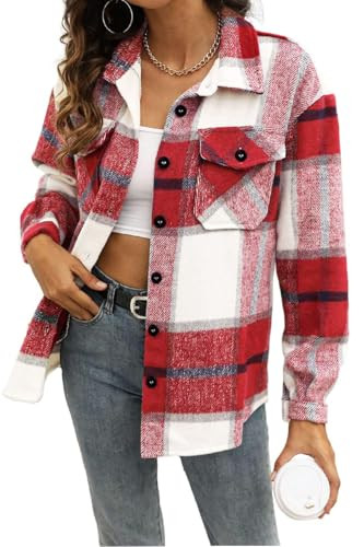 Trendy Queen Womens Flannel Shacket Casual Jacket Plaid Button Down Long Sleeve Shirt Fall Winter... | Amazon (US)