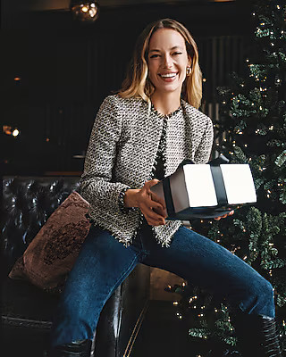 Strong Shoulder Gold Button Tweed Jacket | Express