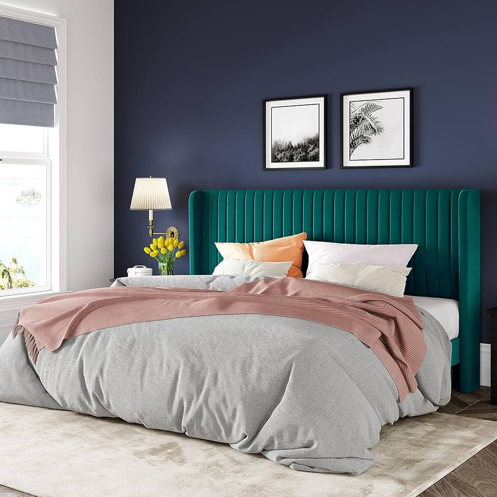 Allewie King Size Bed Frame/Velvet Upholstered Platform Bed/Vertical Channel Tufted Wingback Head... | Amazon (US)