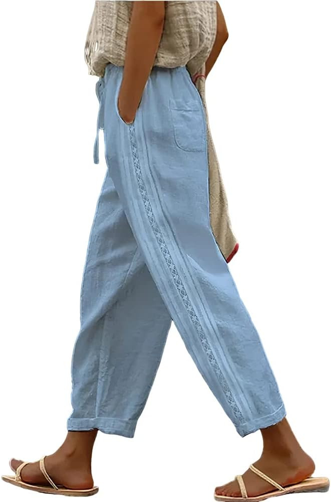 TIAFORD Women's Summer Casual Linen Pants Elastic Waist Relaxed Fit Straight Leg Crop Pants Beach... | Amazon (US)