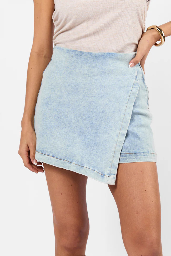 My Favorite Light Wash Acid Wash Denim Skort | Pink Lily