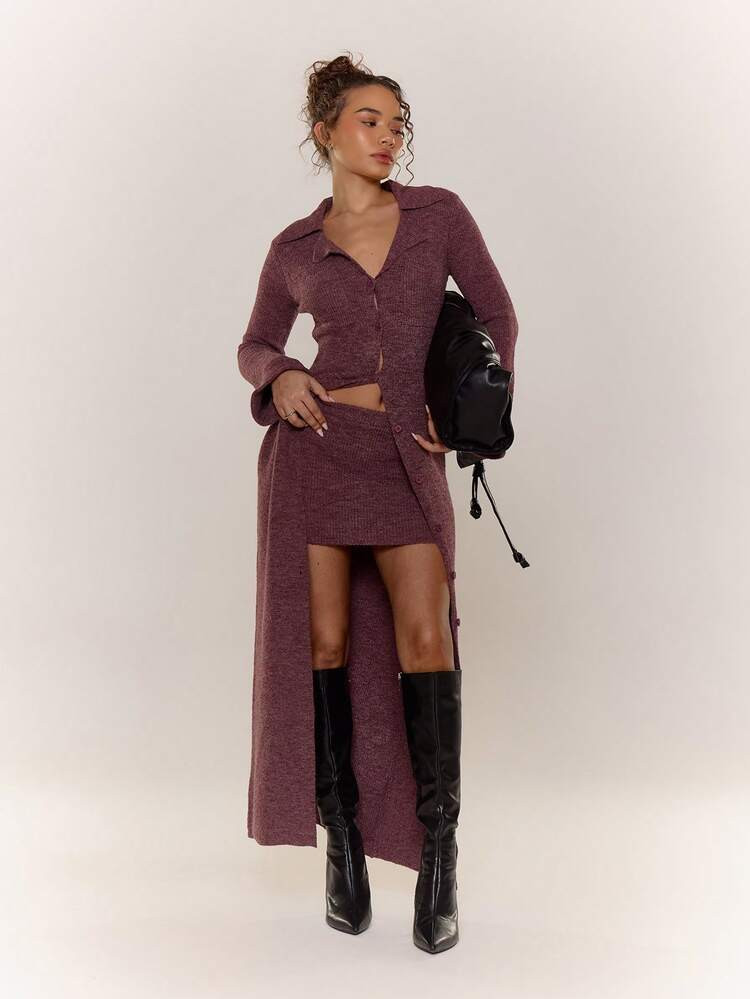 MUSERA Longline Fine Knit Button Down Split Back Cardigan And Mini Skirt Set Cute Classy Casual Streetwear Sexy Going Out Fall Autumn Toffee | SHEIN