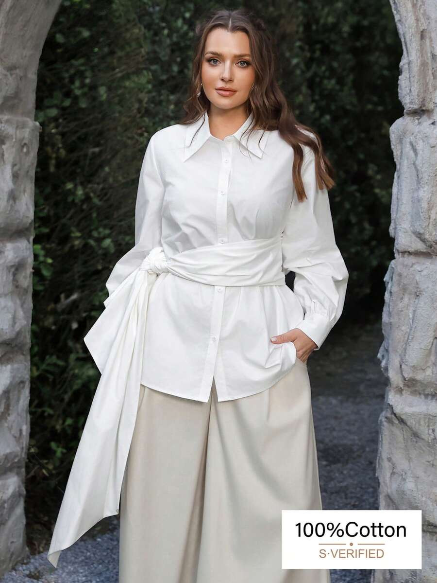 VOLUPTÉ CURVE Plus Size Spring 100% Cotton Shirt, French Minimalist Style, Pure Cotton White Tie... | SHEIN