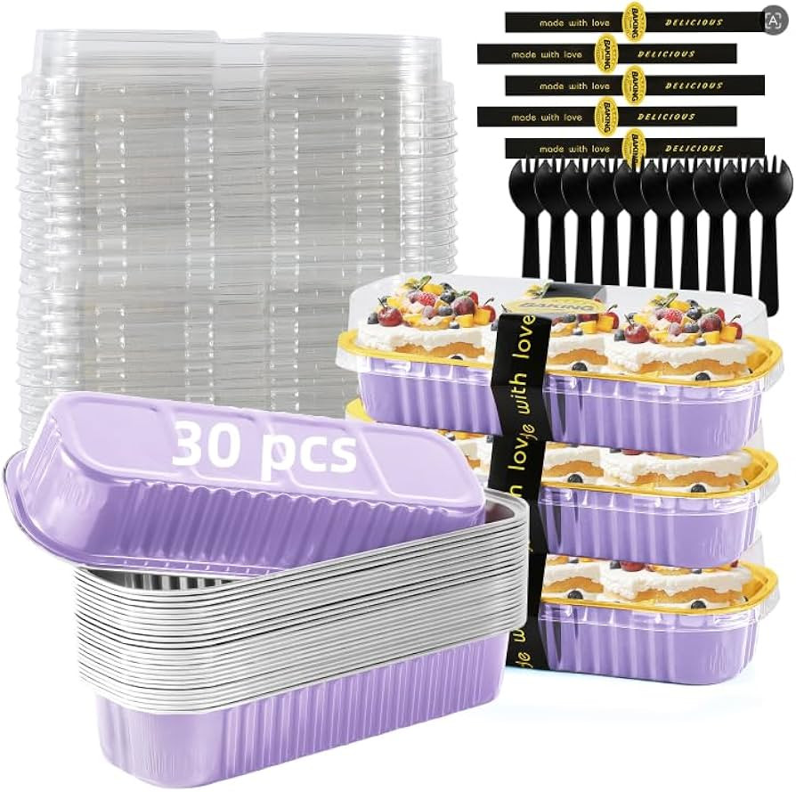 Lavender Purple Mini Loaf Pans with Lids & Spoons, 30 Count 6.8oz Disposable Aluminum Foil Cake P... | Amazon (US)