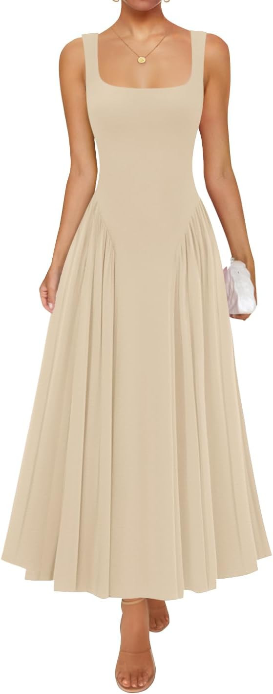 ZESICA Womens 2026 Summer Sleeveless Square Neck Sundress Casual Long Flowy A Line Beach Vacation... | Amazon (US)