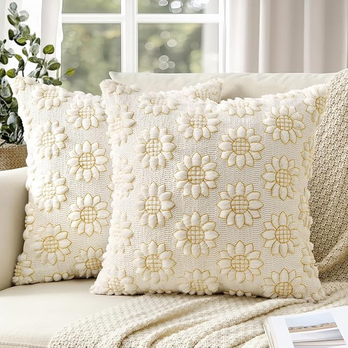 Spring Throw Pillow Covers 18x18 Set of 2 Cream White Summer Spring Home Decor Flower Sunflower P... | Amazon (US)