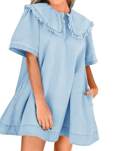 Wenrine Womens Summer Denim Mini Dress Oversized Peter Pan Collar Short Sleeve Casual Flowy Babydoll Jean Dresses | Amazon (US)