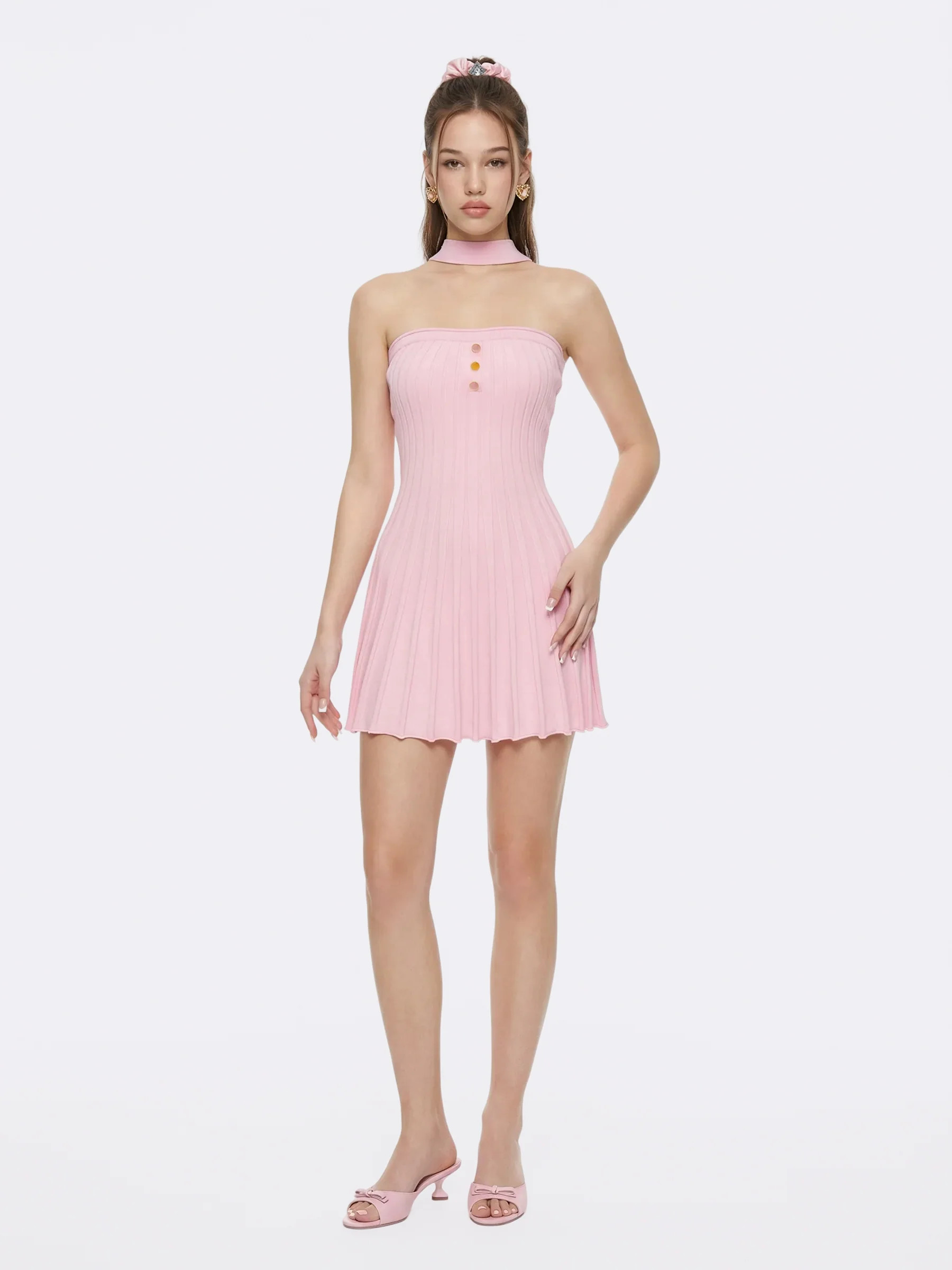 Pink Reverse Halter Knit Flared Dress | Nana Jacqueline | Nana Jacqueline