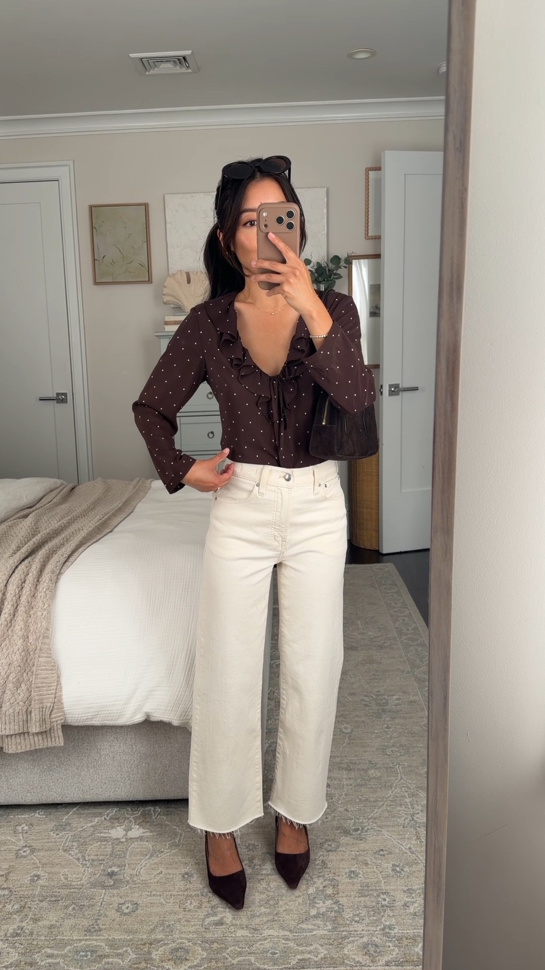 Outfit on sale! Just sign into your free Madewell account
• ruffle button up blouse 00, slender fit  
• Perfect Vintage Wide-Leg Crop Jean 24 short 
• Suede zip shoulder bag 
• Oval sunglasses 
• Sam Edelman heels 5.5

Fall outfits, petite ecru white jeans, transitional outfit , workwear work outfit

#LTKPetite #LTKWorkwear #LTKSaleAlert
