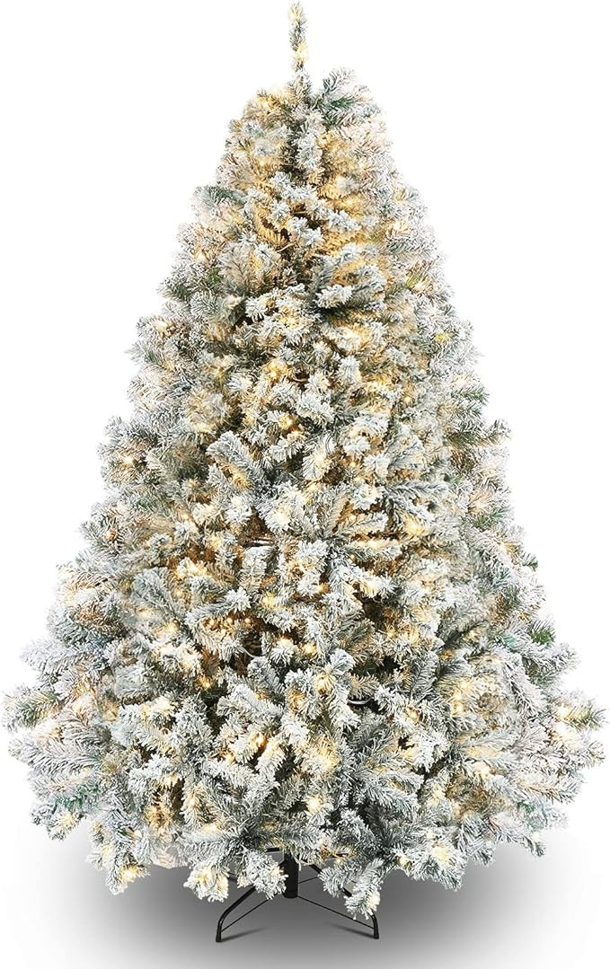 okicoler 6.5ft Pre-Lit S Flocked Artificial Holiday Christmas Pine Tree with ELD Lights and Metal... | Amazon (US)