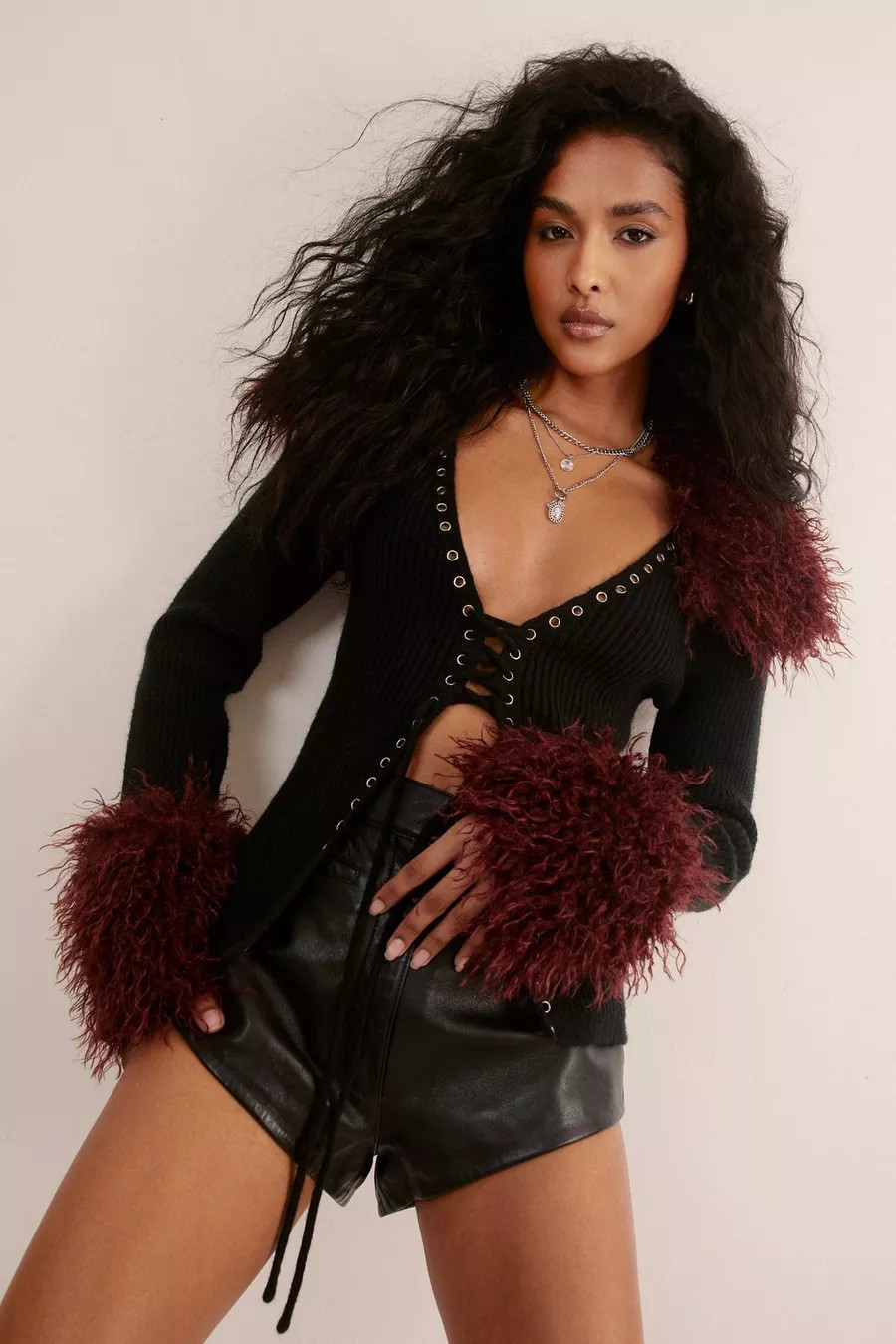 Shearling Trim Lace Up Cardigan | Nasty Gal US