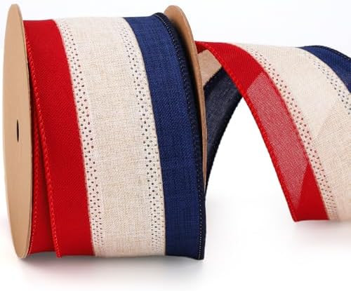 LaRibbons Patriotic Ribbon Wired 2.5 Inch x 10 Yards, Vintage Red White Blue Stripe Burlap Ribbon... | Amazon (US)