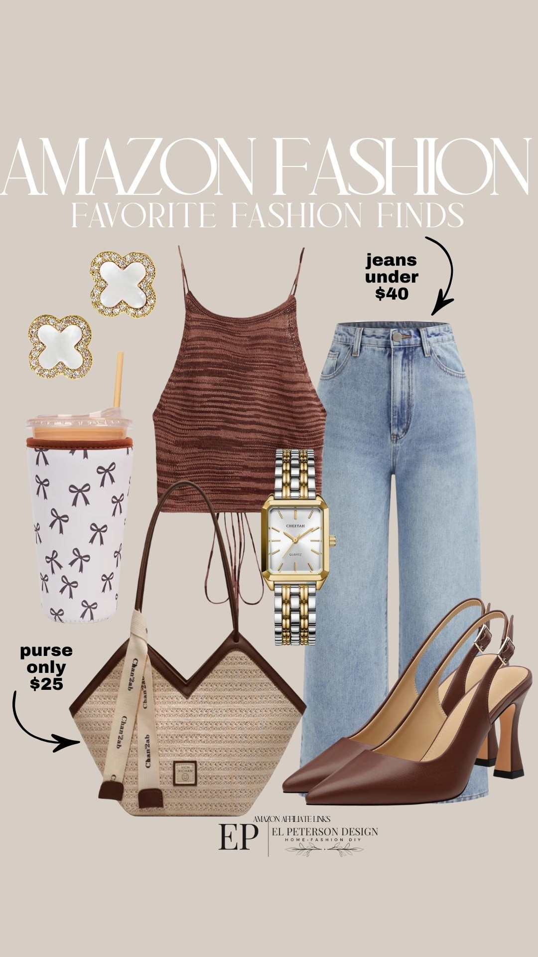 Amazon Fashion
Jeans
Top
Heels
Earrings
Coffee sleeve
Purse
Watch 