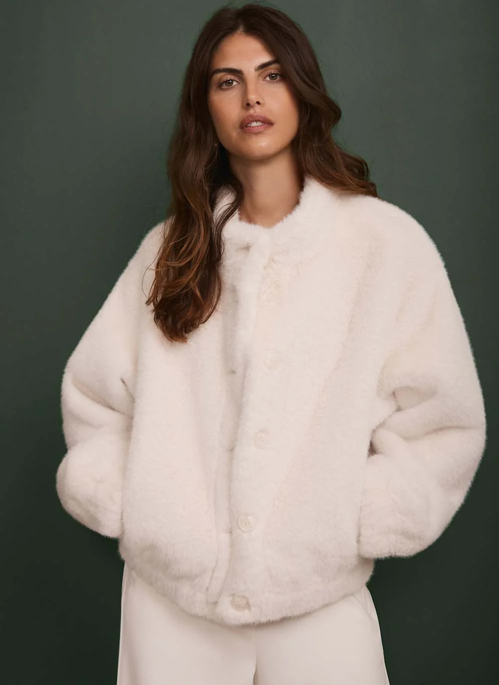 White Faux Fur Bomber Jacket | Mint Velvet
